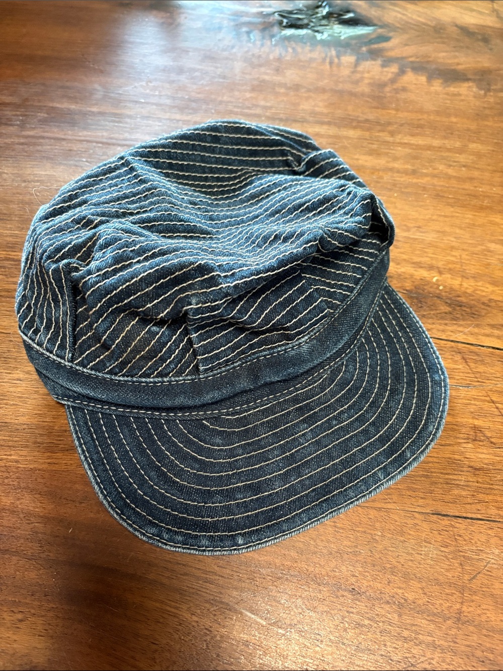 Dark Blue Striped Denim Conductor workwear hat - HTFD Denim Co Hardenco disc.